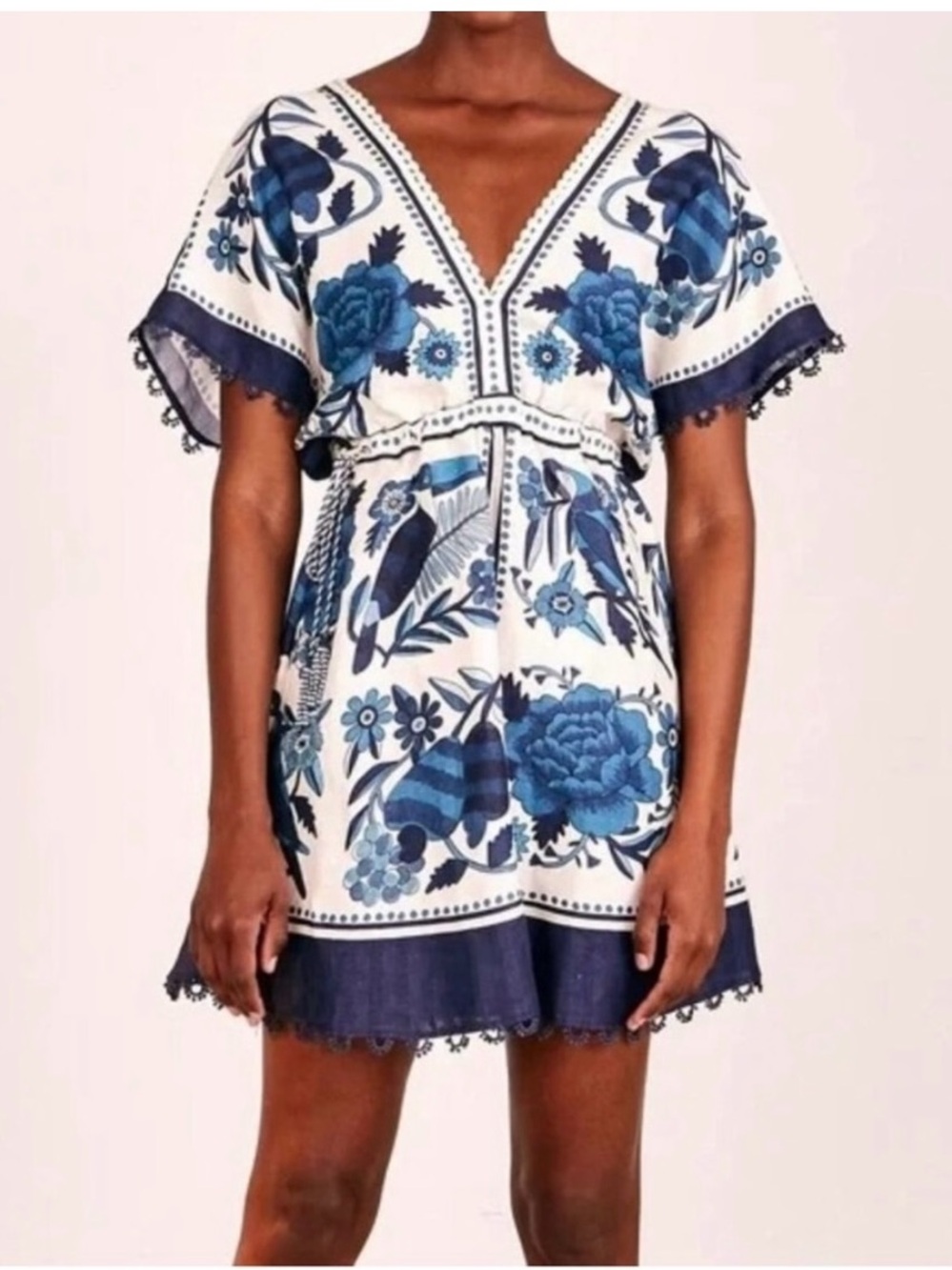 Farm Rio Tropical Tiles Blue and White V-Neck Mini Dress